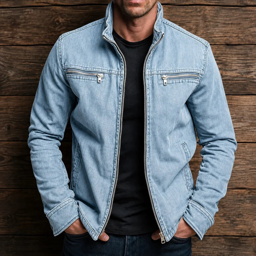Men's Stand Collar Zip Jacket in Light Blue – front view on model | Hensley London