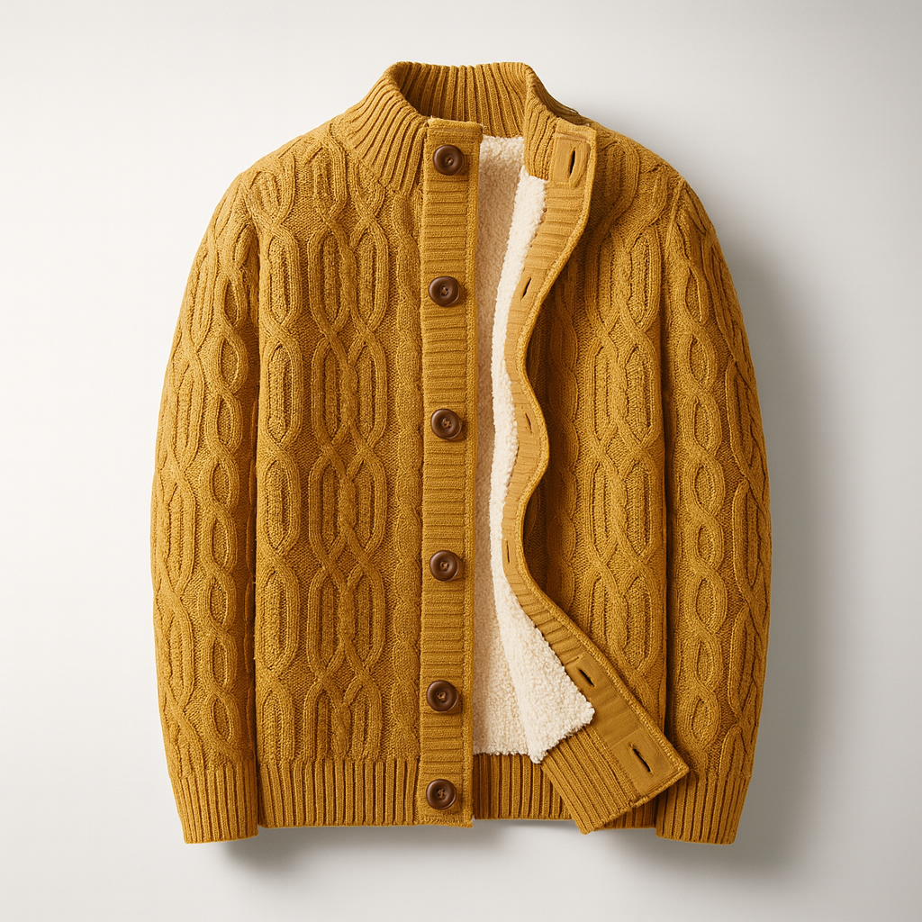 Men's Wool-Blend Cable-Knit Cardigan in Camel - product view | Hensley London