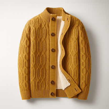 Men's Wool-Blend Cable-Knit Cardigan in Camel - product view | Hensley London