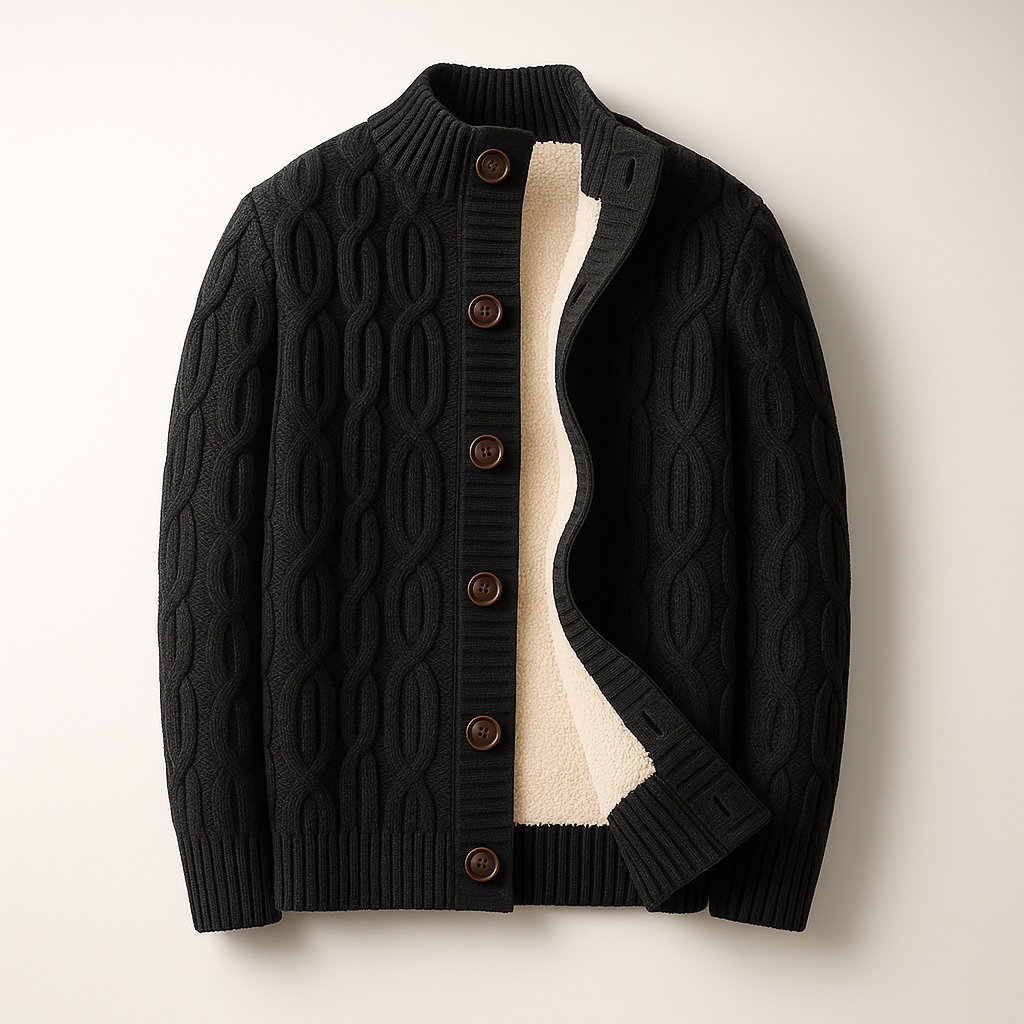Men's Wool-Blend Cable-Knit Cardigan in Black - product view | Hensley London