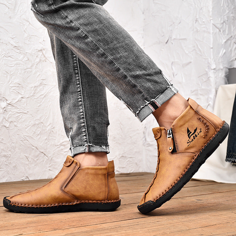Men's Premium Leather Side-Zip Ankle Shoes in Apricot – side profile | Hensley London