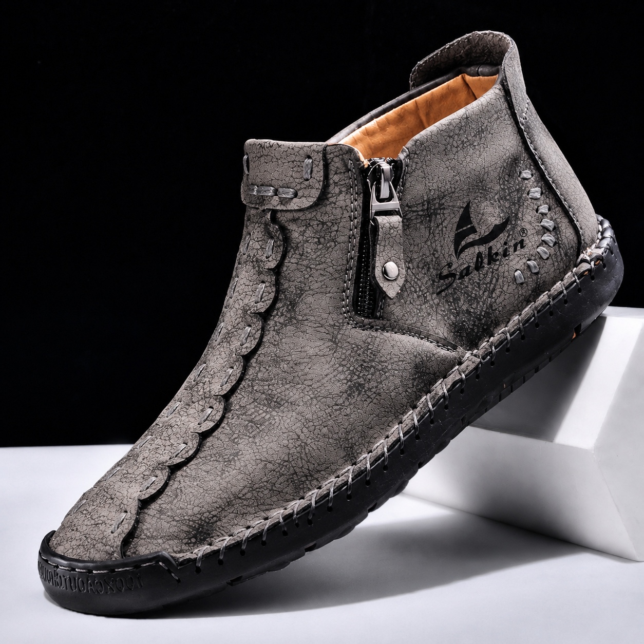 Men's Premium Leather Side-Zip Ankle Shoes in Brown – upper detail | Hensley London