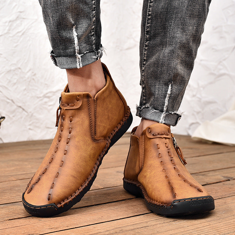 Men's Premium Leather Side-Zip Ankle Shoes in Green – angled view | Hensley London