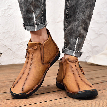 Men's Premium Leather Side-Zip Ankle Shoes in Green – angled view | Hensley London