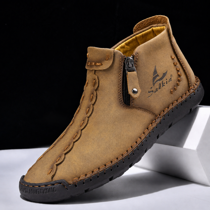 Men's Premium Leather Side-Zip Ankle Shoes in Gray – back view | Hensley London
