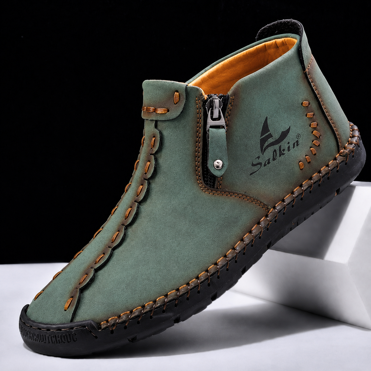 Men's Premium Leather Side-Zip Ankle Shoes in Apricot – top view | Hensley London