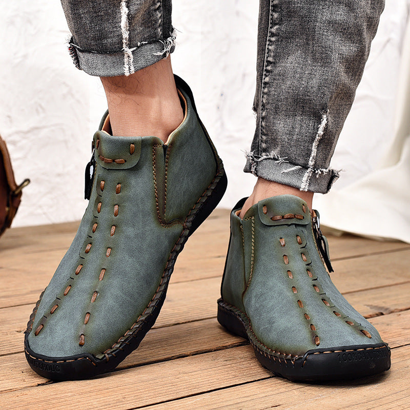 Men's Premium Leather Side-Zip Ankle Shoes in Green – styled flat-lay | Hensley London