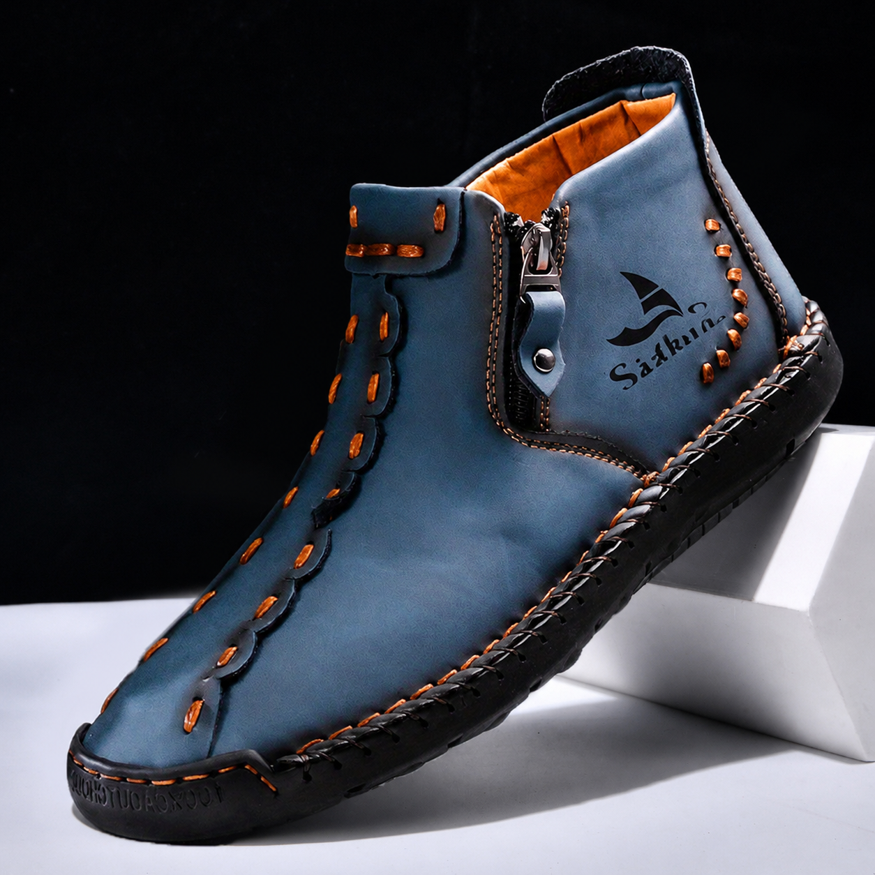 Men's Premium Leather Side-Zip Ankle Shoes in Blue – pair view | Hensley London