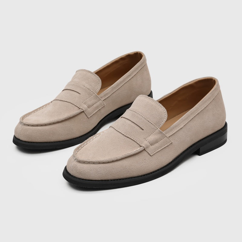 Men's Suede Penny Loafers with Stitched Moc Toe in Beige - additional view 14 | Hensley London