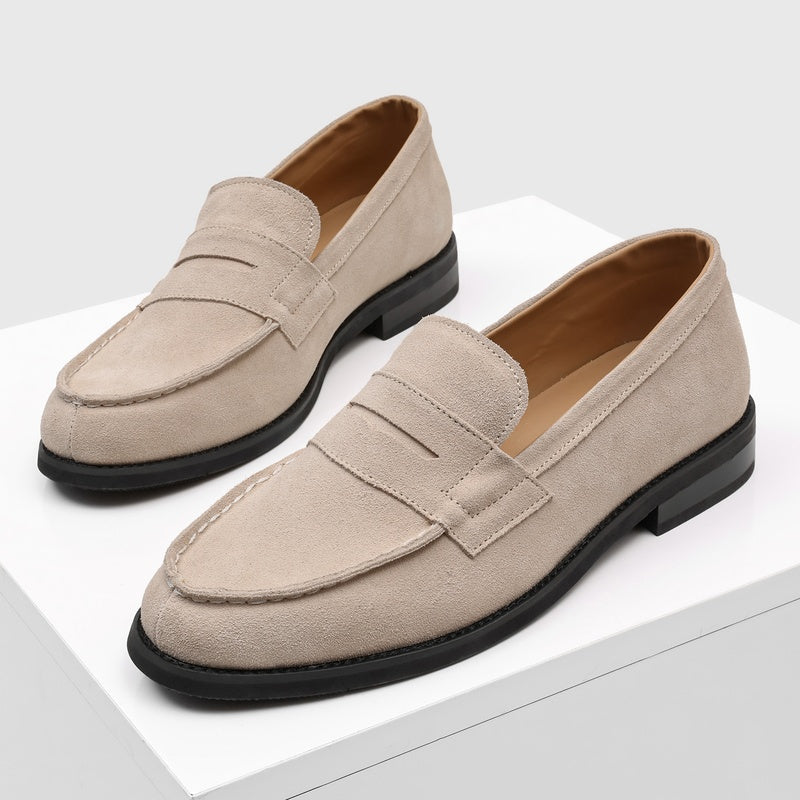 Men's Suede Penny Loafers with Stitched Moc Toe in Beige - additional view 13 | Hensley London