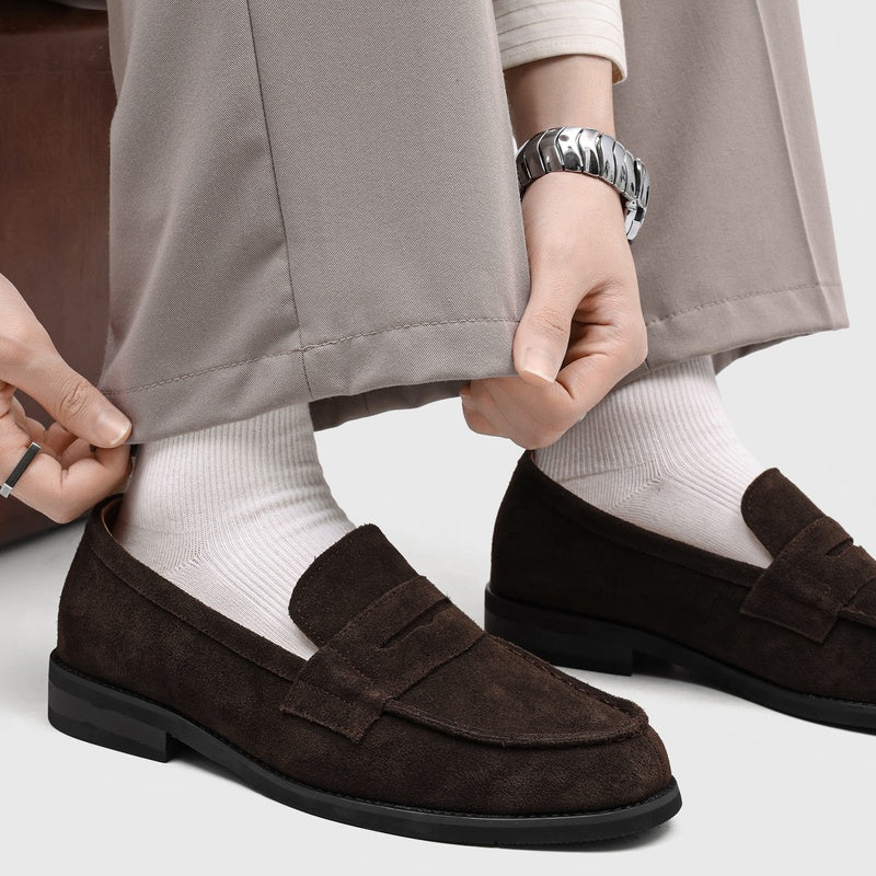 Men's Suede Penny Loafers with Stitched Moc Toe in Dark Brown - additional view 37 | Hensley London