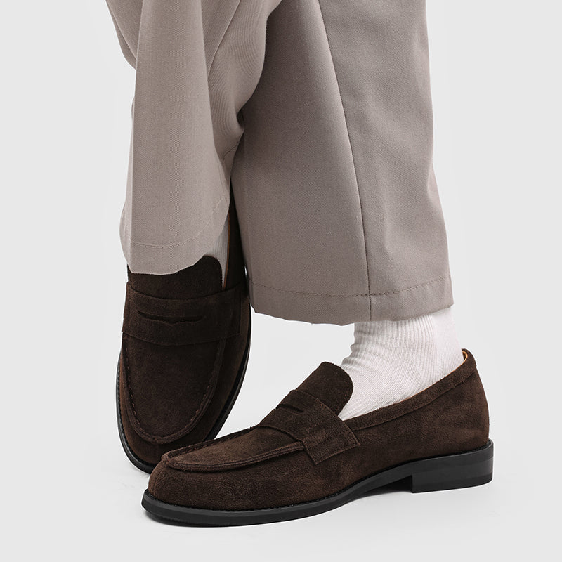 Men's Suede Penny Loafers with Stitched Moc Toe in Dark Brown - additional view 39 | Hensley London