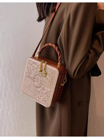 Women's Vintage Boxy Crossbody Bag | Structured Pebbled Leather Look