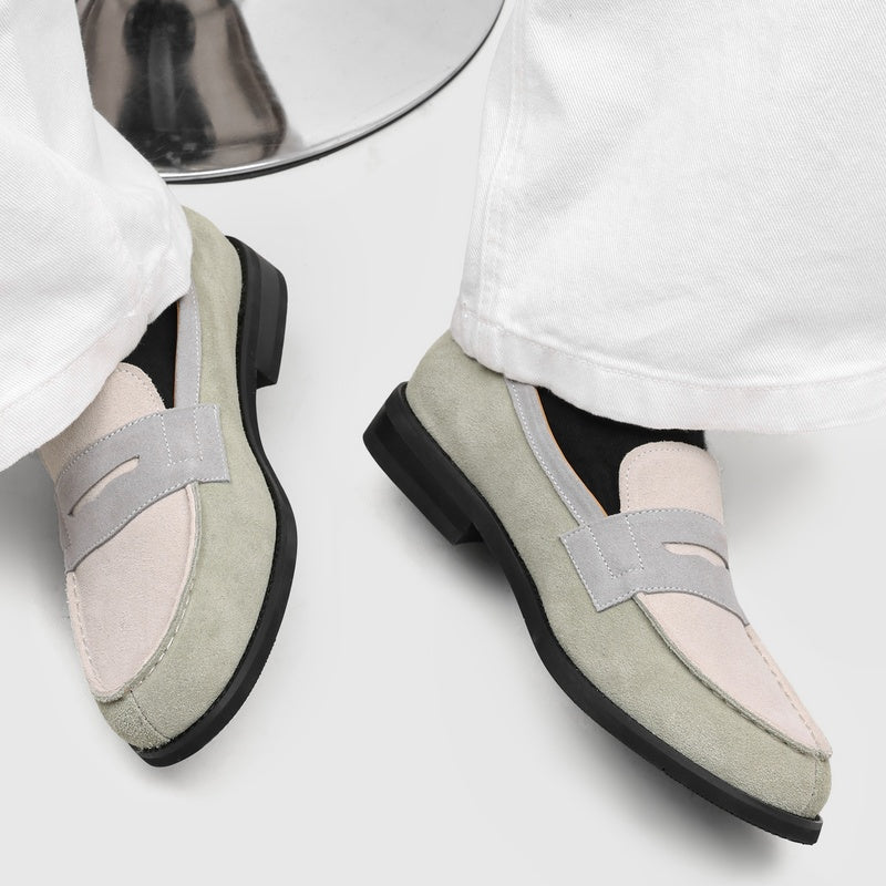 Men's Suede Penny Loafers with Stitched Moc Toe in Gray - additional view 31 | Hensley London