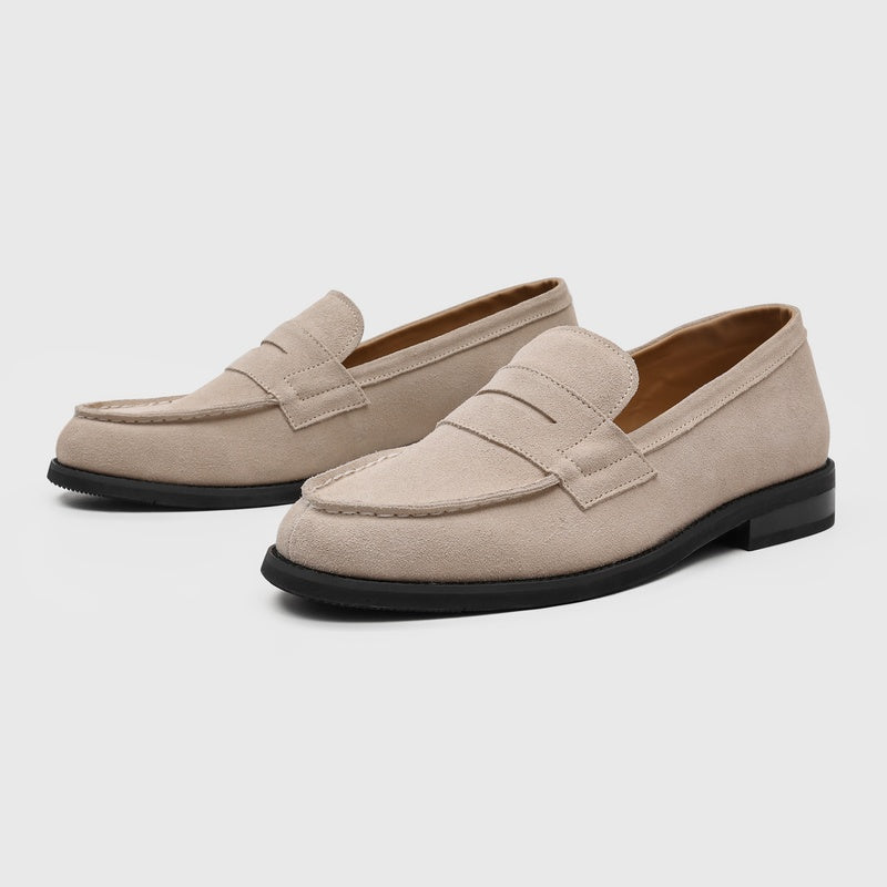 Men's Suede Penny Loafers with Stitched Moc Toe in Beige - additional view 15 | Hensley London