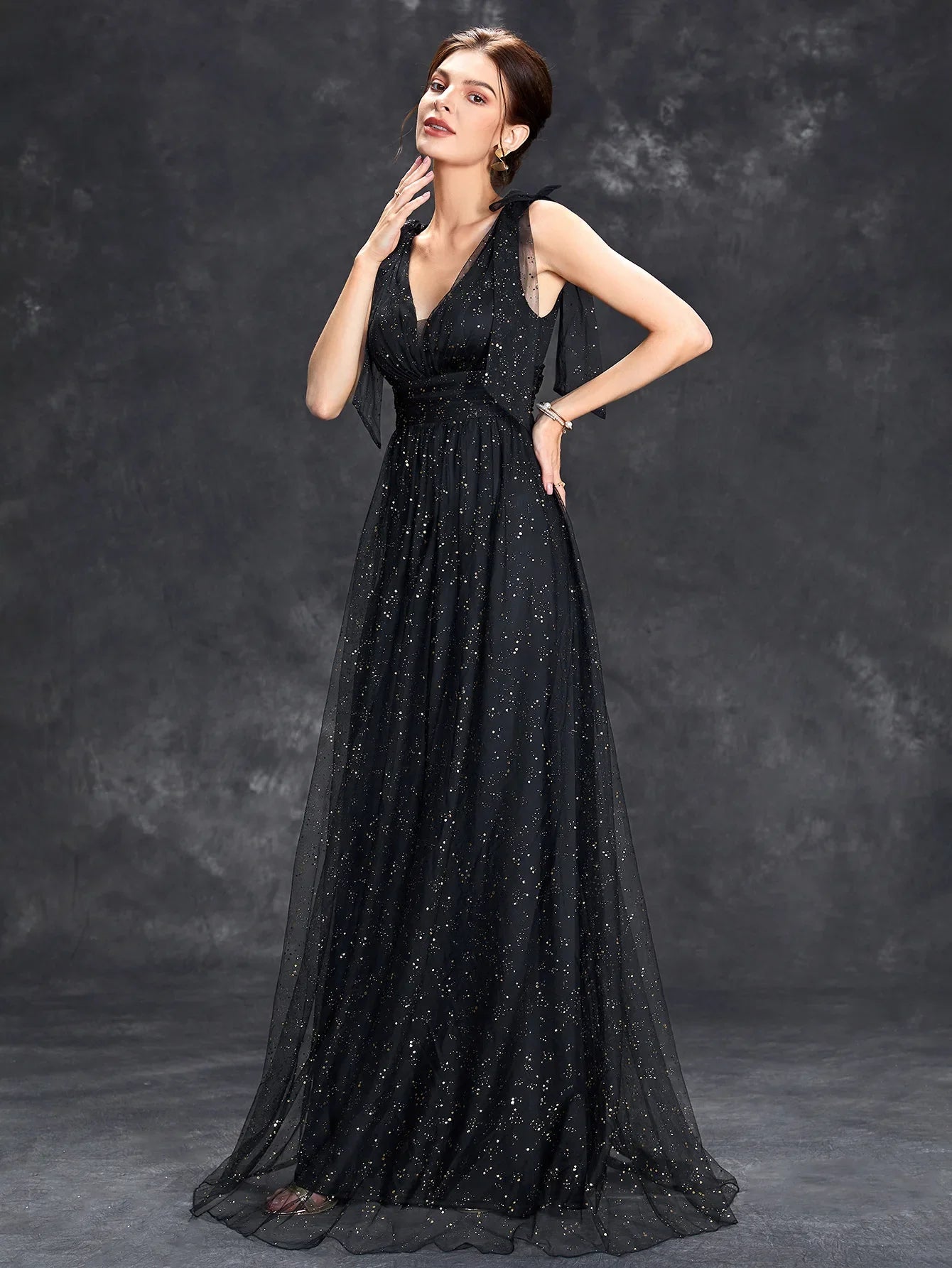 Variant image for Women's Evening Gown Black Sheer Glitter A-Line-9