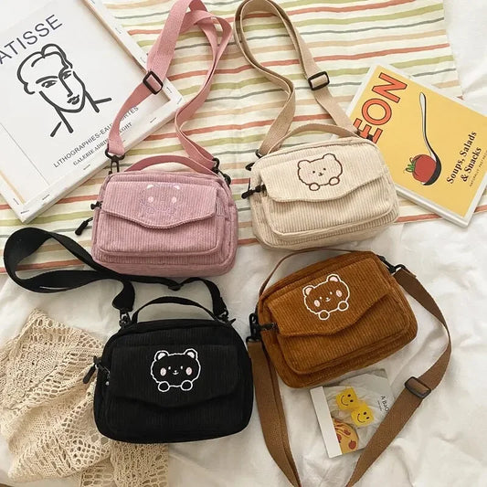Women's Crossbody Bag Beige One Size Corduroy with Teddy Bear Embroidery-2