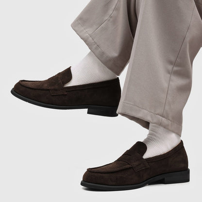 Men's Suede Penny Loafers with Stitched Moc Toe in Dark Brown - additional view 40 | Hensley London
