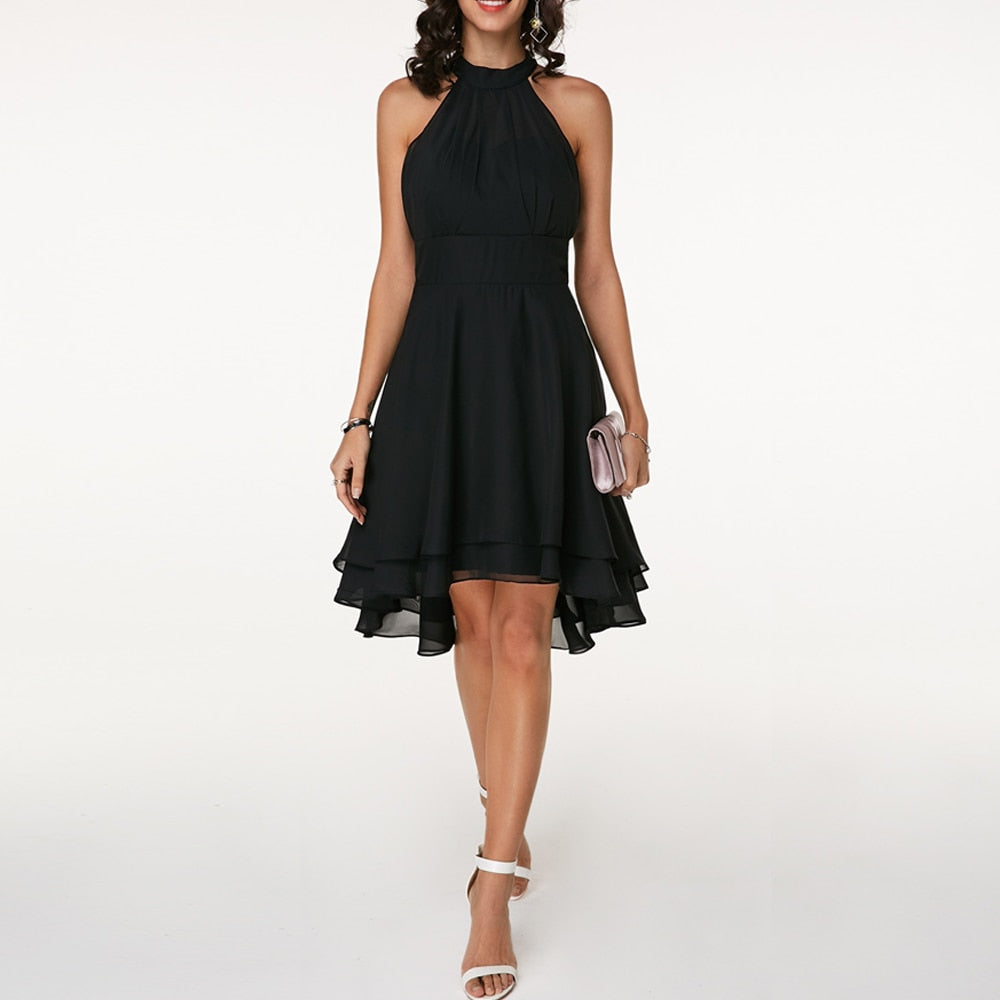 Women's Halter Neck Dress Blue Chiffon High-Low Summer Dress-1