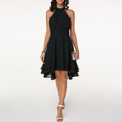 Women's Halter Neck Dress Blue Chiffon High-Low Summer Dress-1