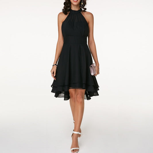 Women's Halter Neck Dress Blue Chiffon High-Low Summer Dress-1
