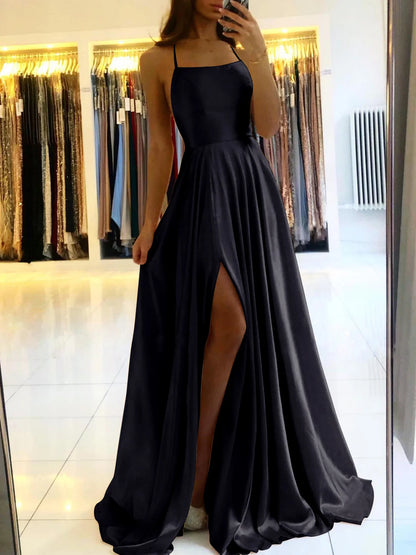 Women's Evening Gown Black Satin Spaghetti Straps High Slit-3
