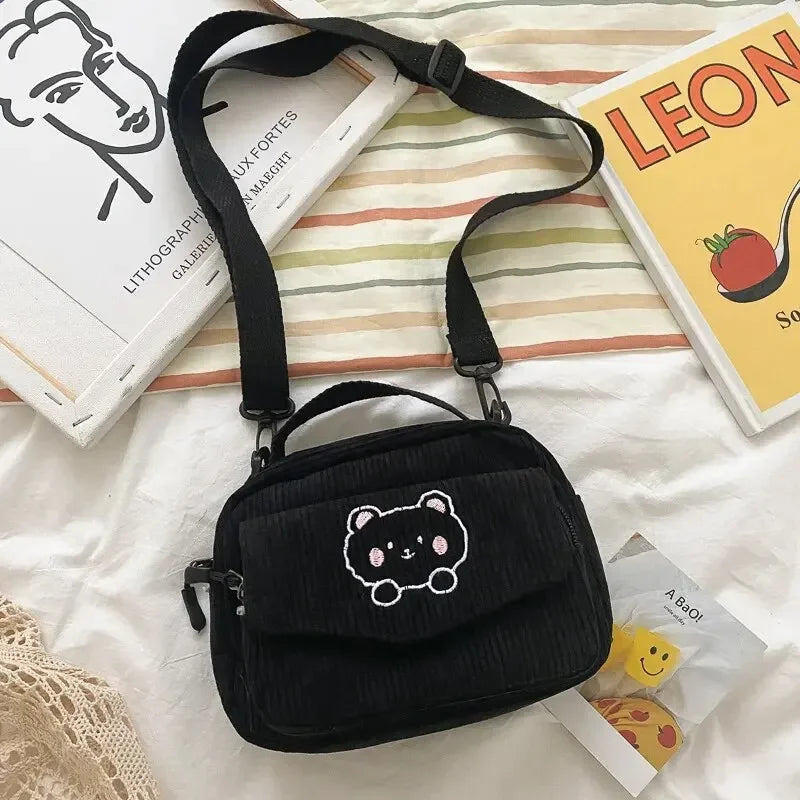 Women's Crossbody Bag Beige One Size Corduroy with Teddy Bear Embroidery-5