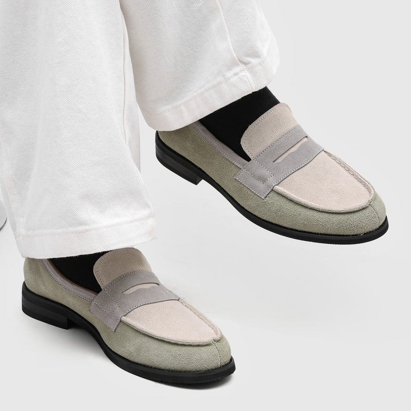 Men's Suede Penny Loafers with Stitched Moc Toe in Gray - additional view 30 | Hensley London