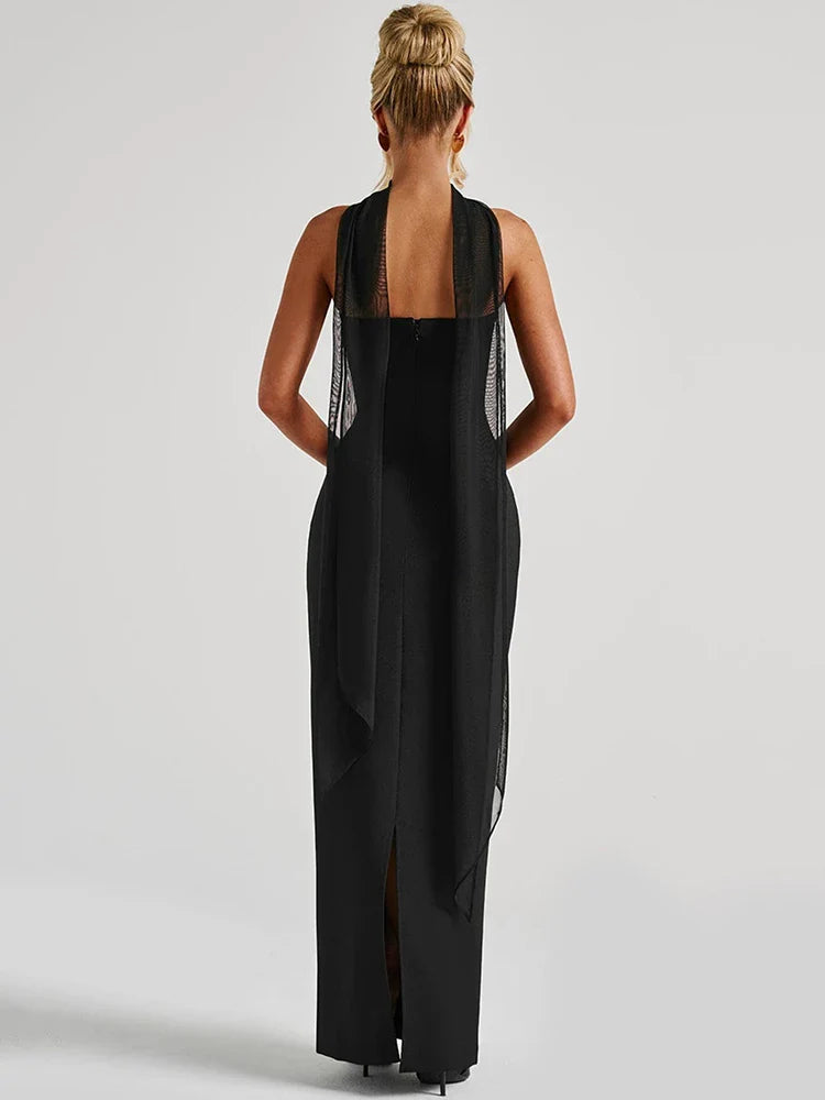 Women's Evening Gown Black Rayon Blend Halter Scarf Detail-4