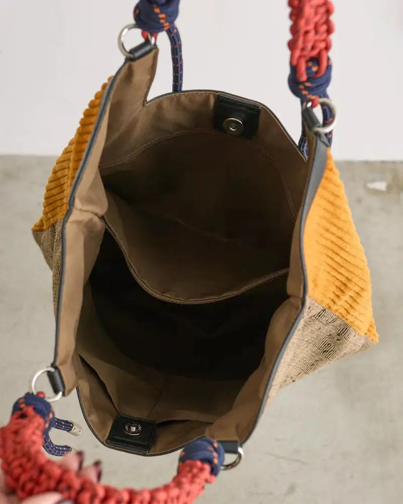 Women's Ribbed Carry-All Tote with Rope-Style Handles in Yellow – interior view | Hensley London