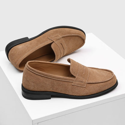 Men's Suede Penny Loafers with Stitched Moc Toe in Apricot - additional view 22 | Hensley London
