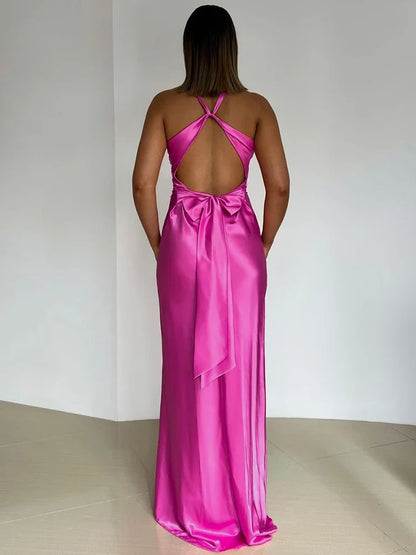 Women's Evening Gown Black Size M Satin Maxi Dress-5