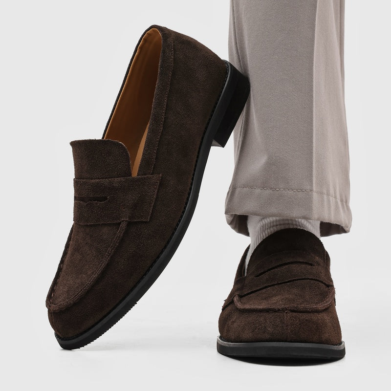 Men's Suede Penny Loafers with Stitched Moc Toe in Dark Brown - additional view 35 | Hensley London
