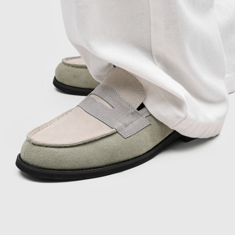 Men's Suede Penny Loafers with Stitched Moc Toe in Gray - additional view 33 | Hensley London
