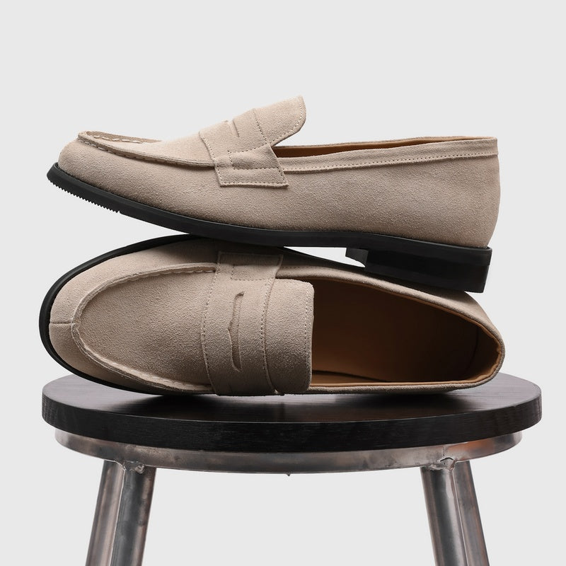 Men's Suede Penny Loafers with Stitched Moc Toe in Beige - additional view 11 | Hensley London