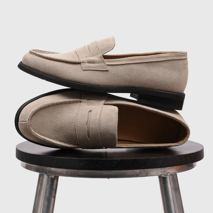Men's Suede Penny Loafers with Stitched Moc Toe in Beige - additional view 11 | Hensley London
