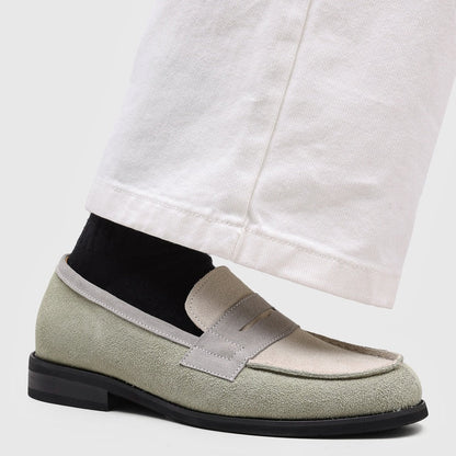 Men's Suede Penny Loafers with Stitched Moc Toe in Gray - additional view 28 | Hensley London