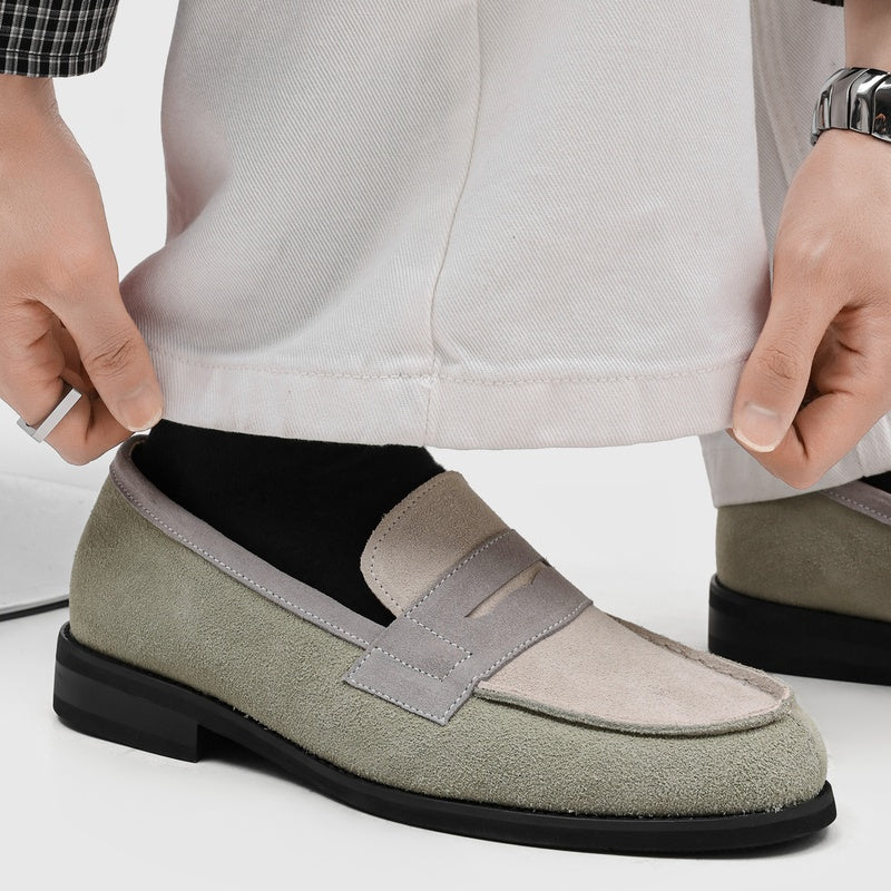 Men's Suede Penny Loafers with Stitched Moc Toe in Gray - additional view 29 | Hensley London