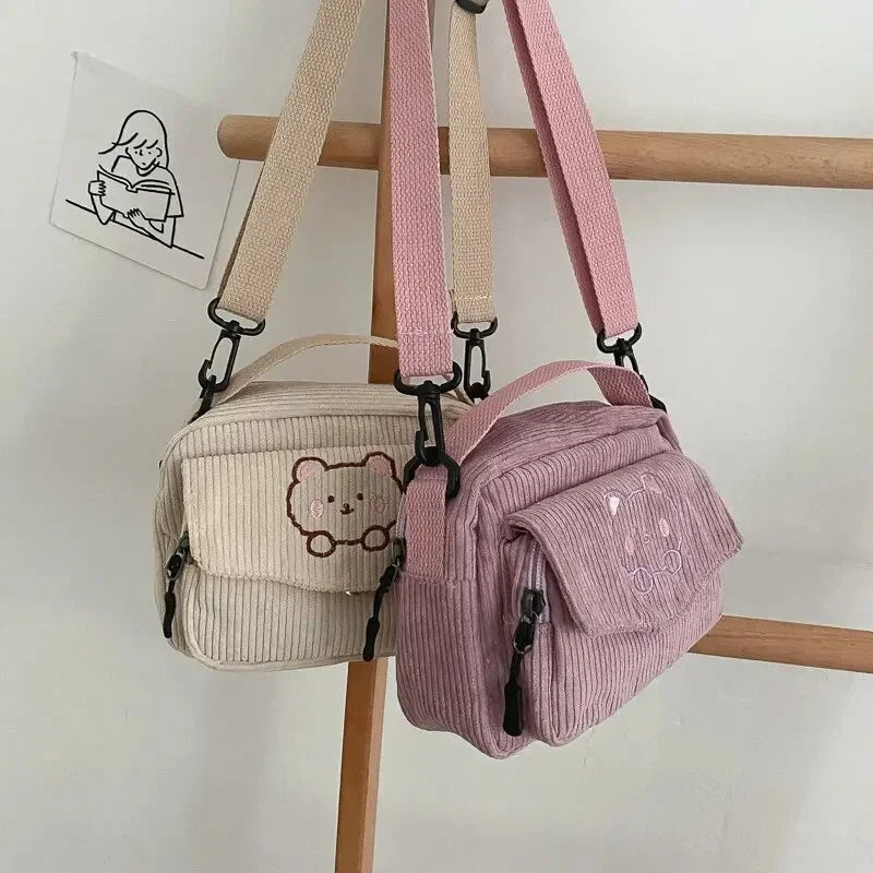 Women's Crossbody Bag Beige One Size Corduroy with Teddy Bear Embroidery-3