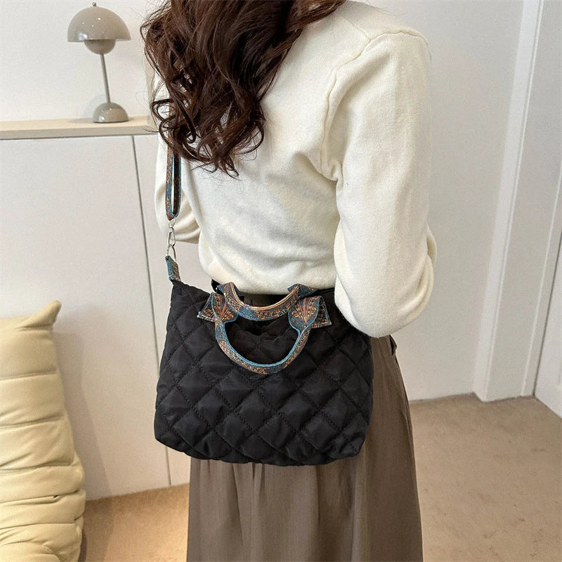 Women's Black Shoulder Bag Large Capacity Cotton-5