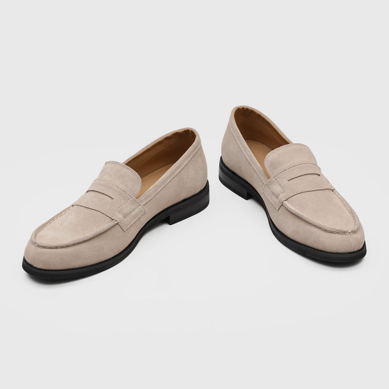 Men's Suede Penny Loafers with Stitched Moc Toe in Beige - additional view 16 | Hensley London