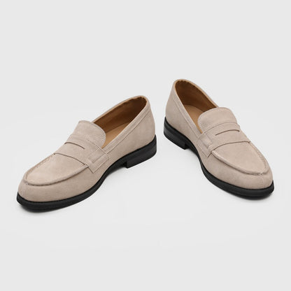 Men's Suede Penny Loafers with Stitched Moc Toe in Beige - additional view 16 | Hensley London