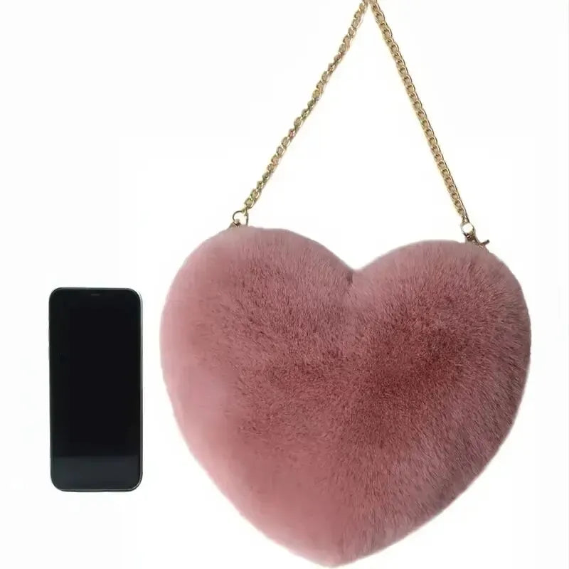 Women's Crossbody Bag Pink One Size Plush Heart-Shaped Fashion Accessory-5