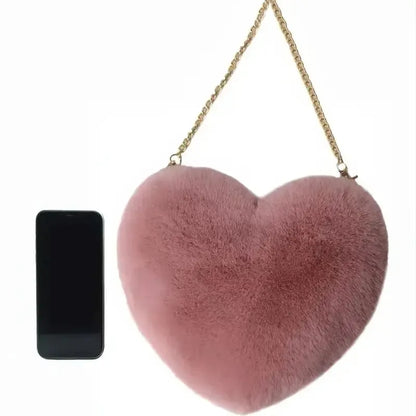 Women's Crossbody Bag Pink One Size Plush Heart-Shaped Fashion Accessory-5