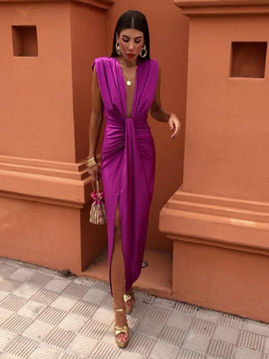 Women's Evening Gown Black Satin Deep V-Neck High Slit-2