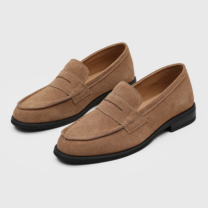 Men's Suede Penny Loafers with Stitched Moc Toe in Apricot - additional view 23 | Hensley London