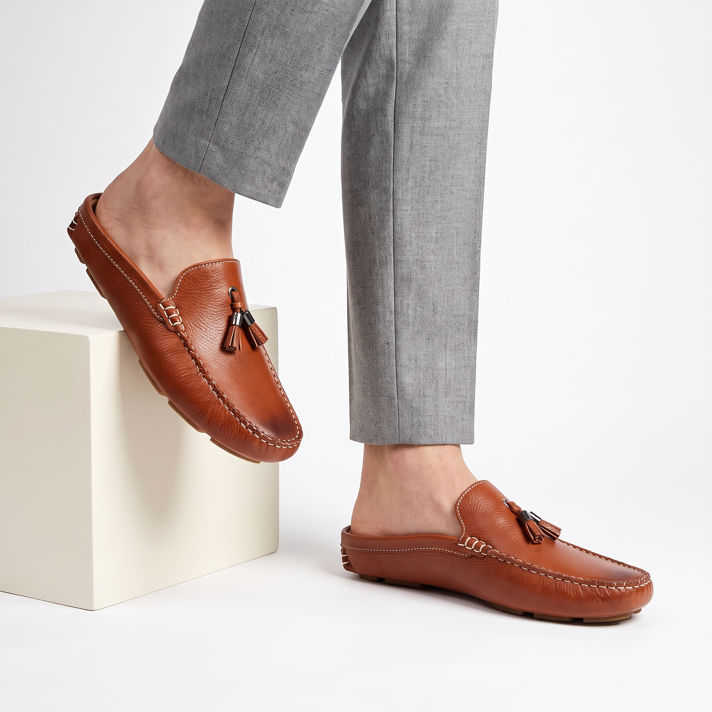 Men's Leather Tassel Loafers – styled view | Hensley London