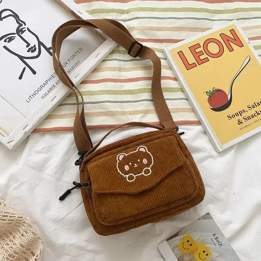 Women's Crossbody Bag Beige One Size Corduroy with Teddy Bear Embroidery-1
