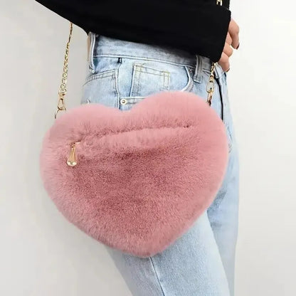 Women's Crossbody Bag Pink One Size Plush Heart-Shaped Fashion Accessory-2