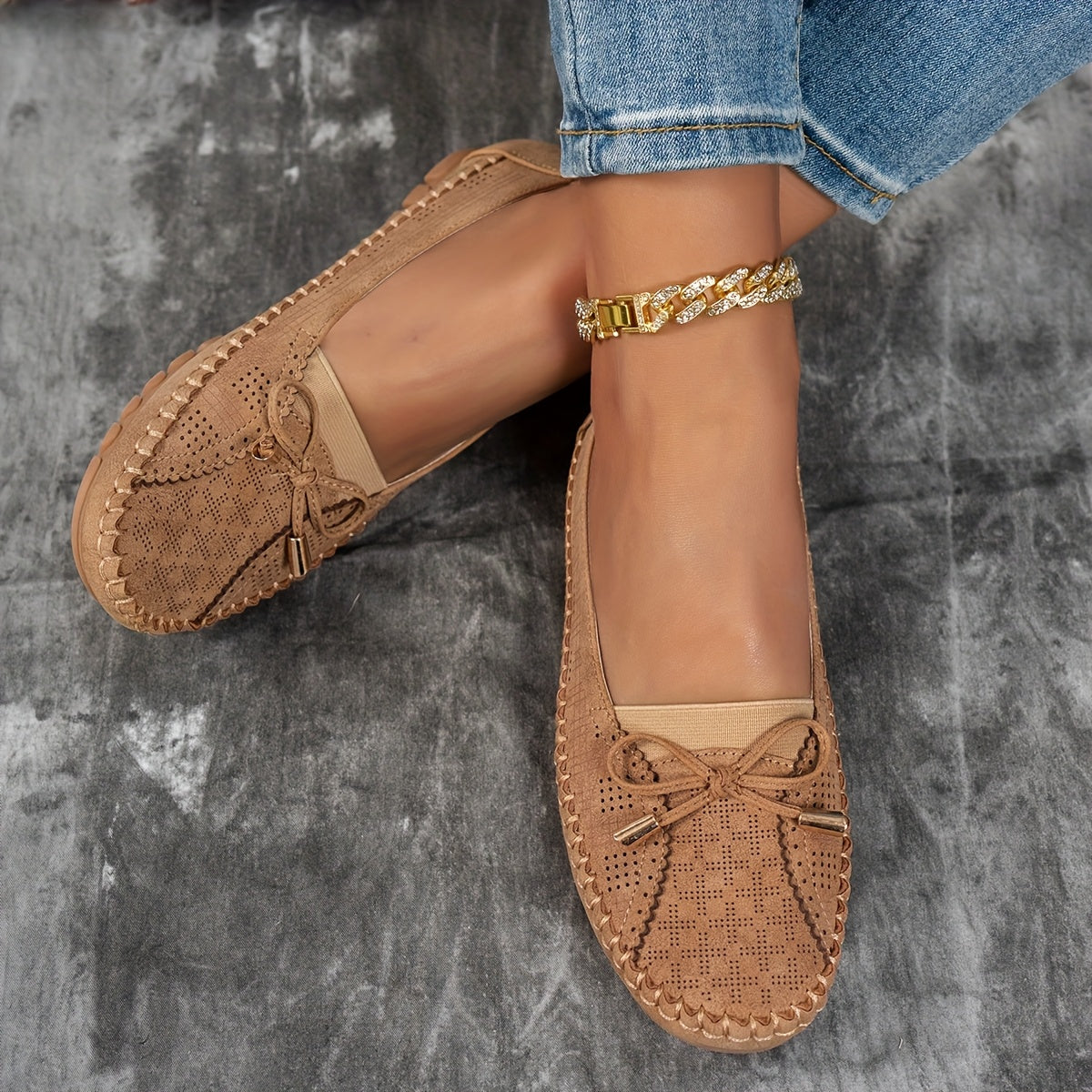 Women's Soft Comfort Bow Loafers in Beige – back view | Hensley London